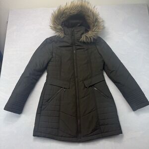 Maralyn & Me Womens M Black Puffer Coat Faux Fur Hood Long Parka